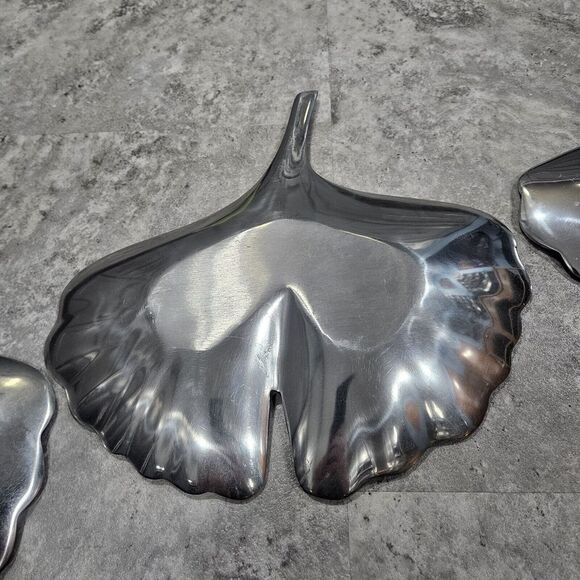 Set Of 3 Modern Style Silver Tone Aluminum Ginkgo Leaf Trinket Catchall Tray - Picture 6 of 9